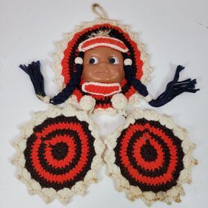 Vintage 1970s Handmade Crochet Pot Holders w/ Indian Child 15 Inch Top To Bottom